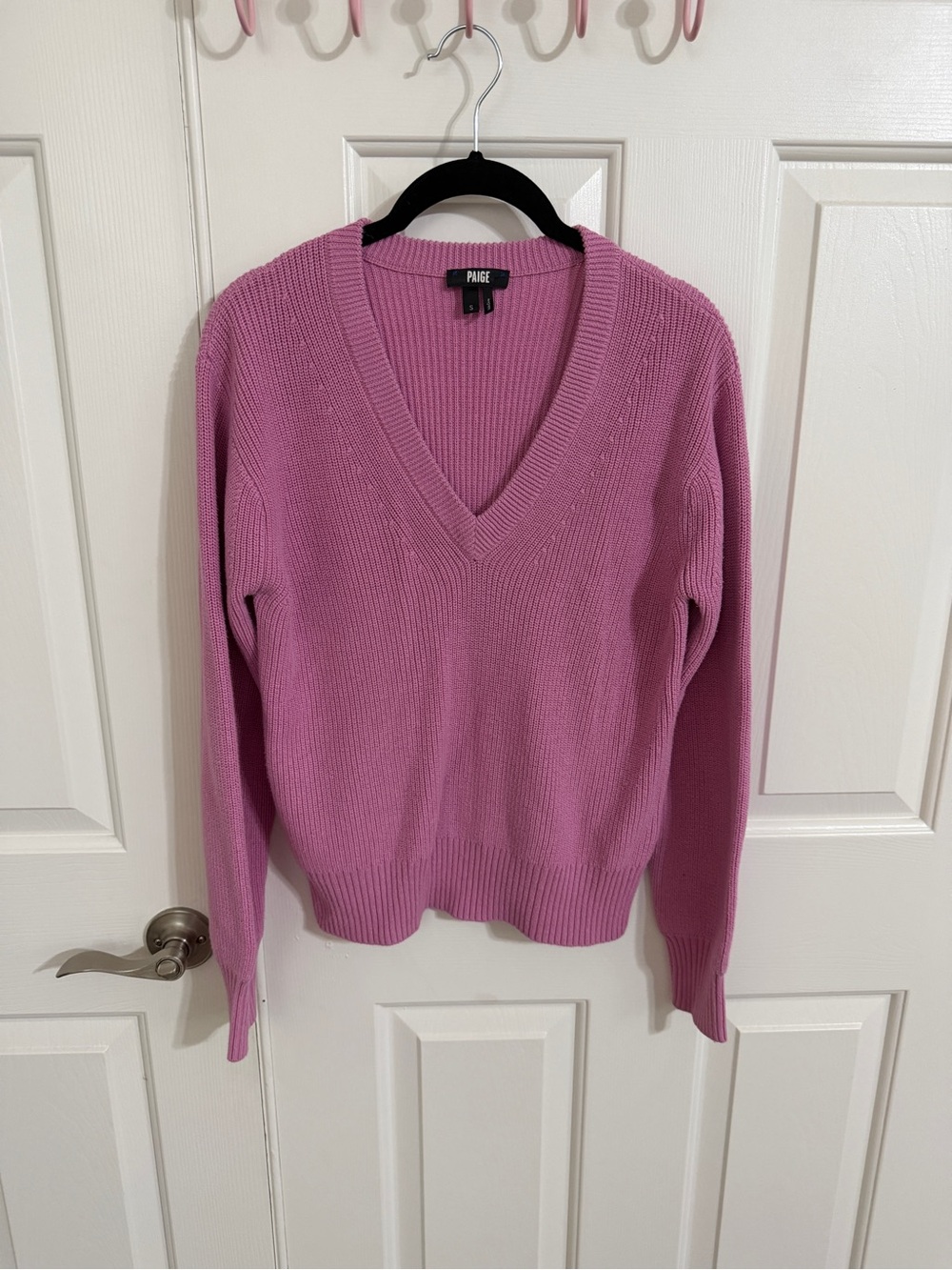 PAIGE S Fuchsia Pink Cropped V Neck Cotton Blend Knit Sweater